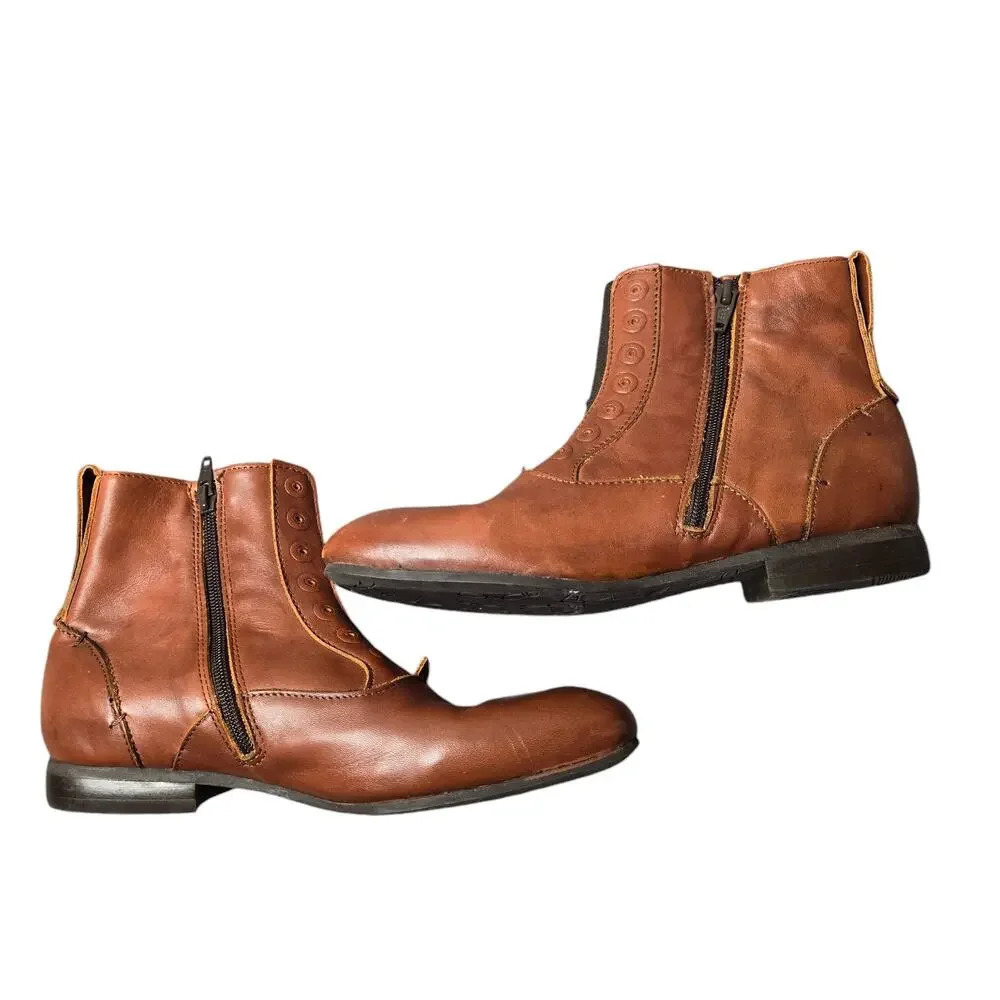 John Fluevog Conga Leather‎ Ankle Booties Cognac Brown